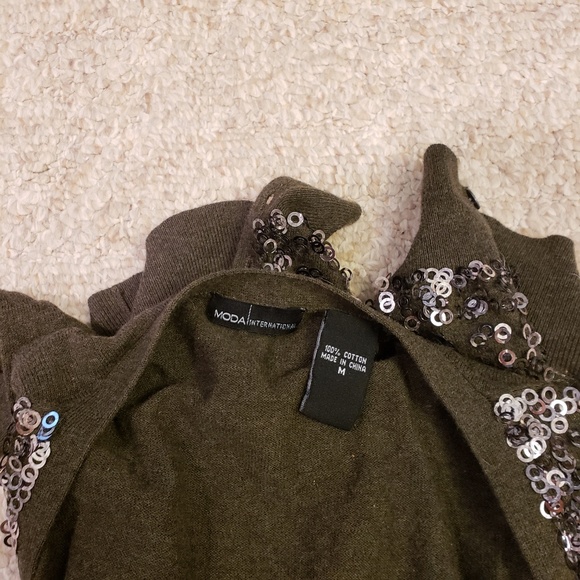MODA INTERNATIONAL Olive Green Sequin Sparkly Cardigan - Picture 4 of 5